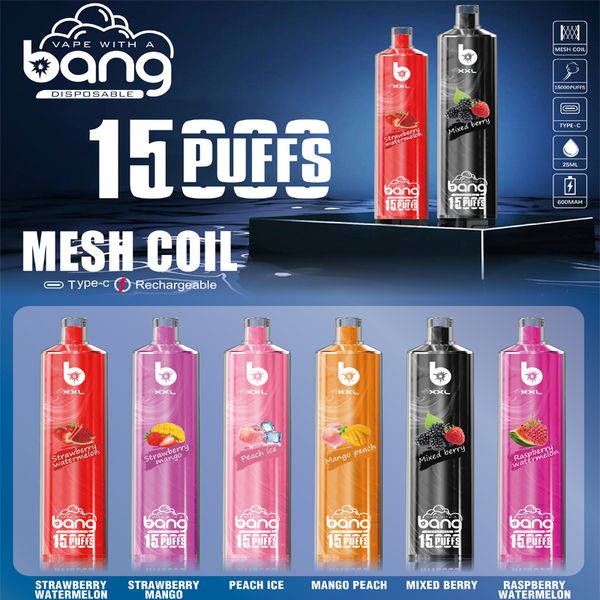 Bang XXL 15000 15K Puffs Einweg-Vape-E-Zigaretten 25 ml vorgefüllter Pod Puff Mesh Coil 600 mAh wiederaufladbarer Akku Vaper 0 % 2 % 3 % 5 % einstellbarer Luftstromstift Typ C