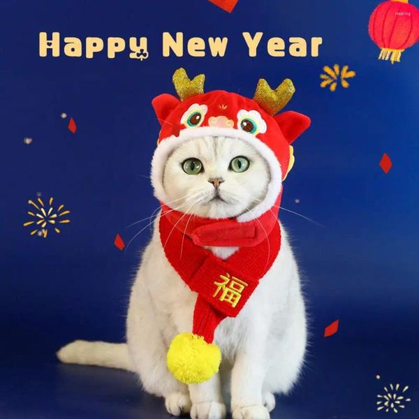 Abbigliamento per cani Testa di drago Cappello per animali cinese per anno Cosplay Peluche 3D Corna Ricamo Copricapo Cat Po Prop Primavera