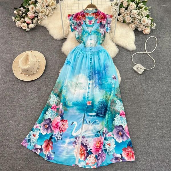 Повседневные платья Vestidos с v-образным вырезом и цветочным принтом, с летящими рукавами, однобортное платье на пуговицах, летнее французское платье трапециевидной формы в стиле ретро