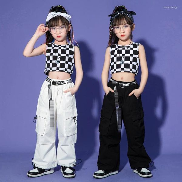 Palco desgaste moderno jazz dança roupas para meninas treliça colete calças de carga crianças hip hop traje kpop desempenho outfits verão bl11104