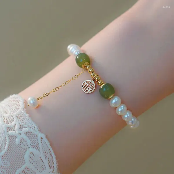 Braccialetti con ciondoli Elegante braccialetto di perle imitazione per le donne Personaggi cinesi Fu vuoti Rotondi Regali di gioielli per feste per ragazze con ciondolo di marca