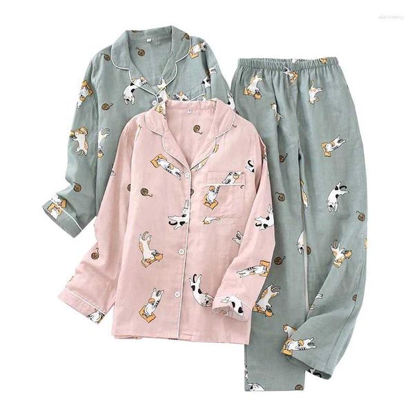 Женская одежда для сна, женский пижамный комплект, марлевые хлопковые пижамы с принтом кота, женские 2 шт., рубашка с отложным воротником, брюки, комфортная природа