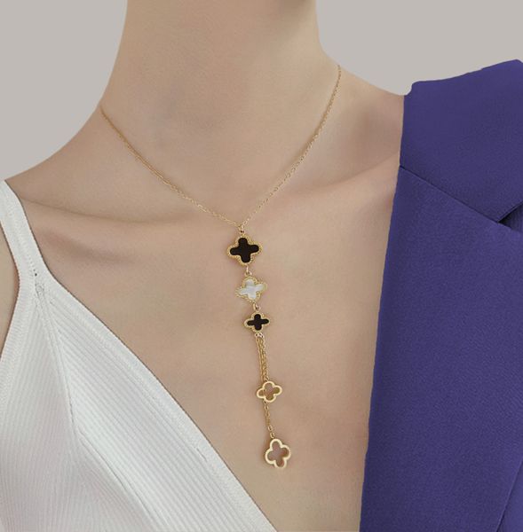 collana di trifoglio cuore di design Acciaio al titanio oro nero bianco conchiglia tre fiori erba fortunata nappa collana girocollo placcato oro vero non sbiadisce semplice