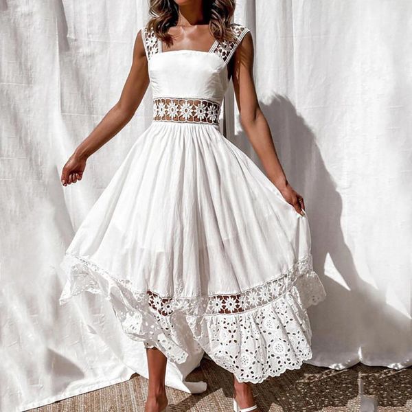 Abiti casual in pizzo all'uncinetto scava fuori bianco da donna senza maniche senza schienale abito boho da donna maxi spiaggia in cotone allentato