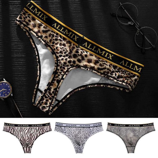 Slip Mutandine Sexy Perizoma da uomo Lettere Stampa leopardata G-String Intimo Lingerie Vita bassa Sport Fitness Mutande maschili YQ240215