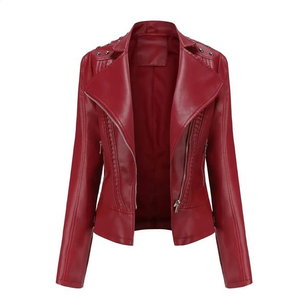 Женская мотобайкерская куртка на молнии с заклепками, осеннее женское пальто из искусственной кожи, весеннее розовое, коричневое, винно-красное, фиолетовое, черный XS 240122