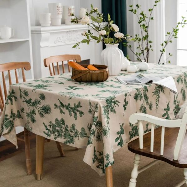 Masa bezi pamuk keten masa örtüsü bej yeşil çam ağaçları koniler Amerikan kırsal ve pastoral tarzı kapak dekorasyonu