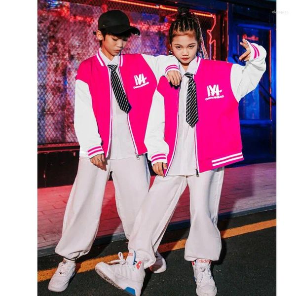 Bühnenkleidung Kinder Rave Hip Hop Kleidung Rosa Baseball Cardigan Mantel Jacke Straße Weiße Baggy Hosen für Mädchen Jungen Jazz Dance Kostüm Kleidung