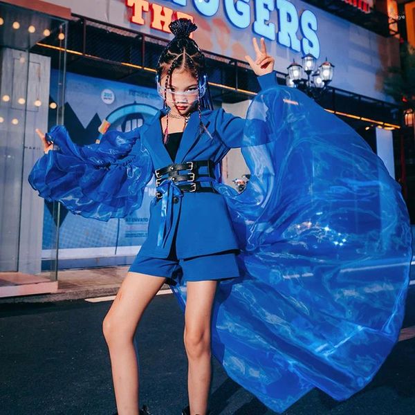 Palco desgaste hip hop gaze manga azul terno crianças jazz rua dança roupas moderna passarela mostrar trajes de desempenho meninas