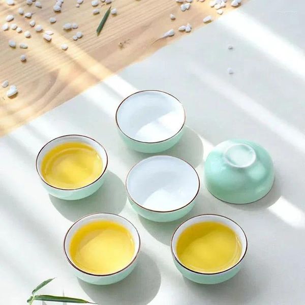 Conjuntos de chá 6 pcs criativo fora verde dentro branco celadon xícara de chá conjunto tigela de viagem porcelana chinesa teacup