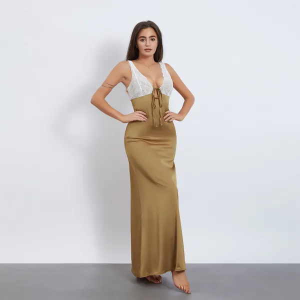 Lässige Kleider für Damen, Cocktailparty, Club, langes Kleid, ärmellos, tiefer V-Ausschnitt, rückenfrei, Sommer, Satin, Schlitz