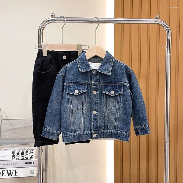 Jaquetas 2024 Outono Crianças Desgaste Meninos Denim Casaco Jaqueta Coreana Top Roupas de Inverno para Meninas