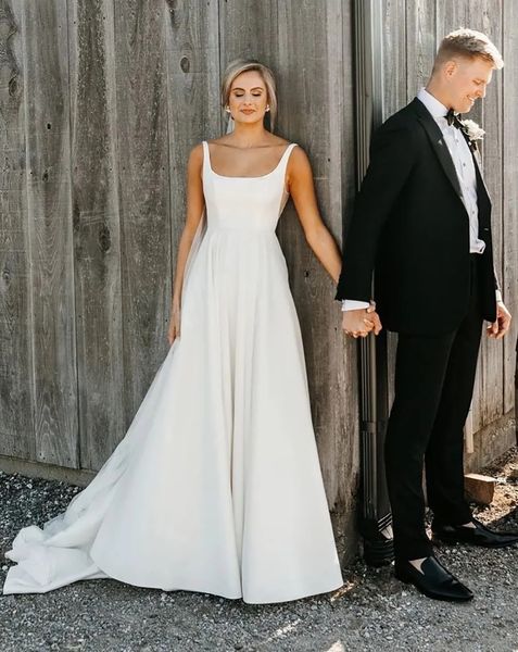 Marfim vestidos de casamento branco vestidos de noiva formal uma linha personalizado zíper rendas até plus size novo sem mangas trem varredura colher cetim sem costas