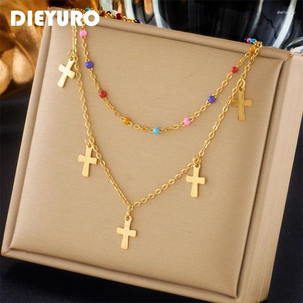 Anhänger Halsketten Dieyuro 316L Edelstahl Bunte Perlen Kreuz Halskette Für Frauen Mädchen Trend Hals Kette Choker Schmuck Geschenk Party