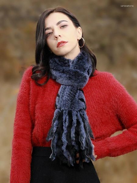 Lenços Real Rex Fur Scarf para Mulheres Inverno Mão Malha Genuína Espessada Borla Pescoço Aquecedor Xales Naturais