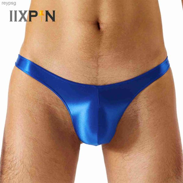 Slip Mutandine Uomo Lucido Rigonfiamento Pouch Perizoma Homme Sexy Gay Sissy Satin Glitter Mini Tangas Sospensorio T-Back Intimo Bikini Lingerie YQ240215