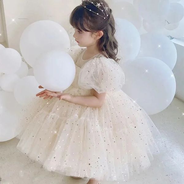 Bebê champanhe batismo vestido bonito menina lantejoulas puff manga vestido de baile de fadas nascido 1 ano roupa de aniversário crianças vestido de festa formal 240122