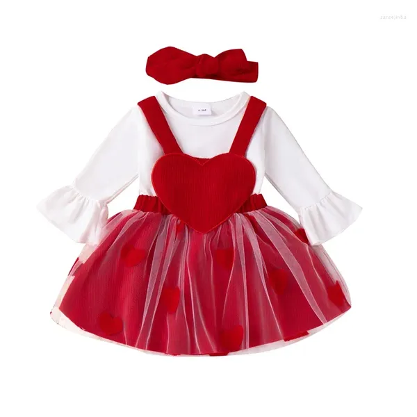 Kleidungssets Mesalynch Baby Mädchen Valentinstag Outfits 3-teiliges Set Langarm Rüschen Strampler Hemd Top Hosenträger Cartoon Bär Stickerei