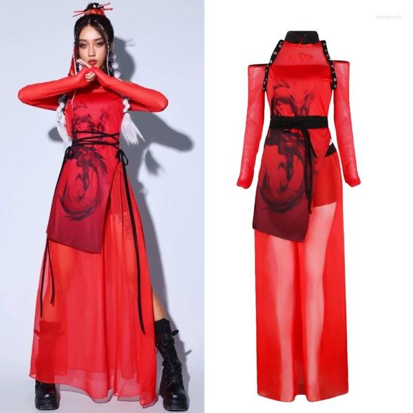 Bühnenkleidung 2024 Chinesischen Stil Rote Outfits Jazz Dance Kostüme Für Frauen Nachtclub Bar DJ Mädchen Gruppe Leistung Kleidung DN17272