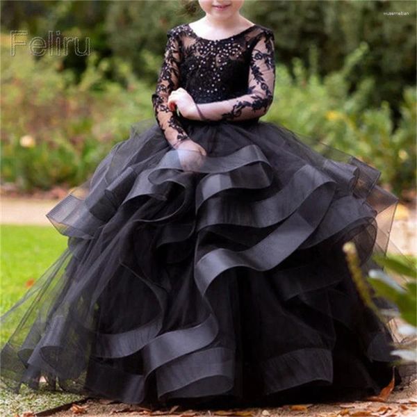 Mädchenkleider Schwarz Puffy Pailletten Spitze Layered Blumenkleid Hochzeit Langarm Prinzessin Partykleider Erstkommunion Kinder