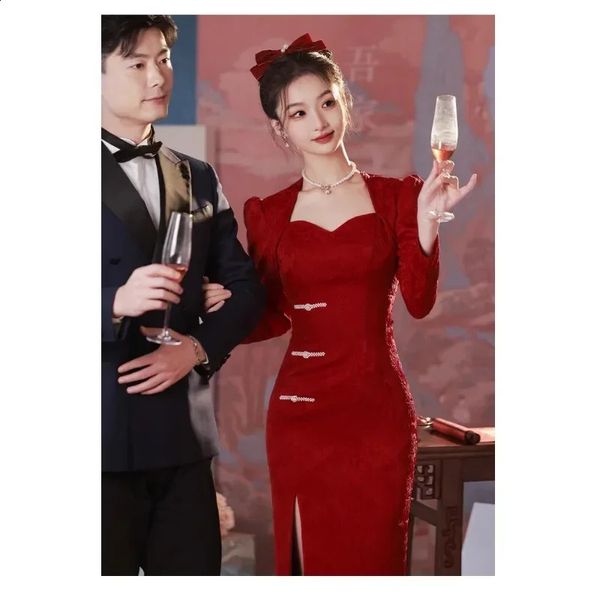 Elegante vermelho jacquard pérola botão manga longa cheongsam dres sexy alta fenda banquete vestidos de noite noiva qipao vestidos 240131