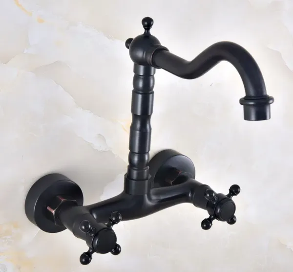 Banyo Lavabo Muslukları Çift Saplı Çiftler Delik Duvar Monte Havza Musluk Yağı Ovulmuş Bronz Vanity Mutfak Soğuk Su Muslukları DNF813