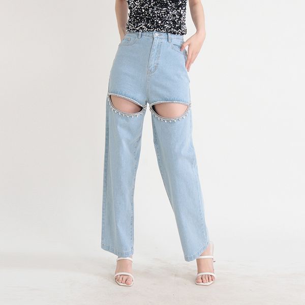 Jeans femininos europeu e americano rua hipster 2024 verão novo diamante cravejado de contas oco design sentido perna reta calças jeans femininas casuais