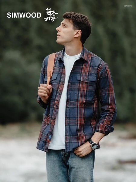 Camicie casual da uomo SIMWOOD High Standard Series 2024 Autunno Inverno 208gsm Flanella Check Regular Fit Plaid in cotone