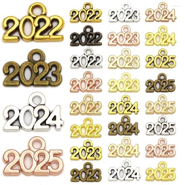 Encantos 2024 2025 ano metal liga número pingentes para fazer jóias ouro prata bronze cor 50 pçs 9x14mm