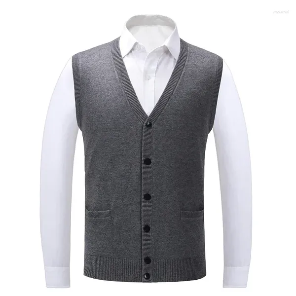 Gilet da uomo 2024 Primavera Gilet di lana Uomo Cardigan lavorato a maglia Maglione senza maniche di mezza età Allentato scollo a V Abiti invernali solidi