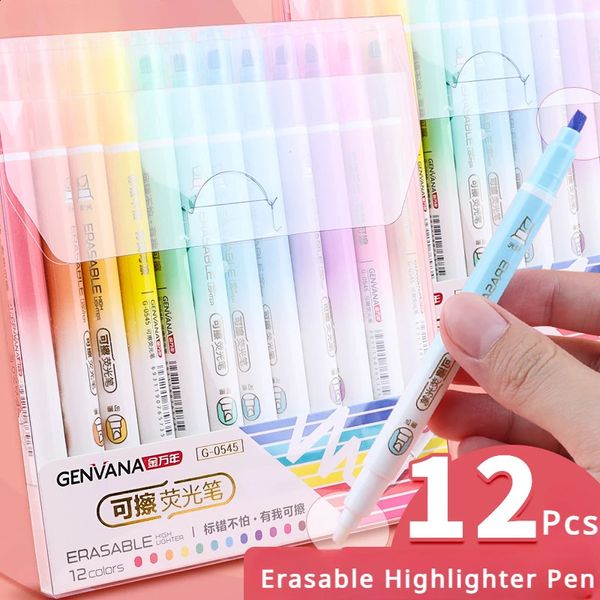 12 Farben löschbarer Textmarker PenDual Meißelspitze Fluoreszierender Marker mit Gummi für Schulbüro Niedliche Schreibwaren 240131