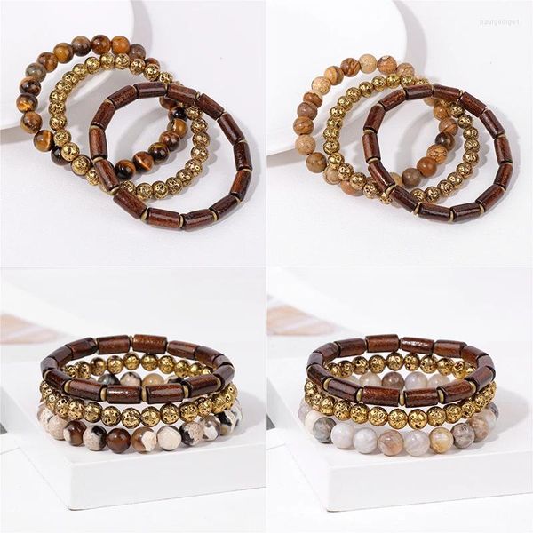 Strand 3 Pz/set Pietra Naturale Lave Agate Braccialetti di Perline di Legno Uomini Bracciale Set di Gioielli Regali Pulsera Hombre