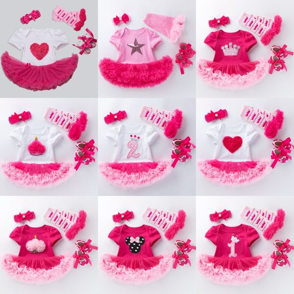 Babykleidung Sets Säuglinge Overalls -Mädchen Rompers Kinder Kleidung Kurzärmelte Baumwollrose rosa Kleider 4 Stück Kleidung Set erste Wanderschuhe