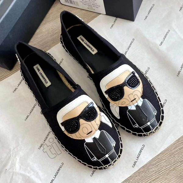 Karl Lagerfield Woman Designer-Schuhe Damen-Espadrilles Fisherman-Kleiderschuhe besticken Luxus-Hausschuhe aus Stoff Mode flache schwarze Loafer-Schuhe aus Segeltuch für Herren