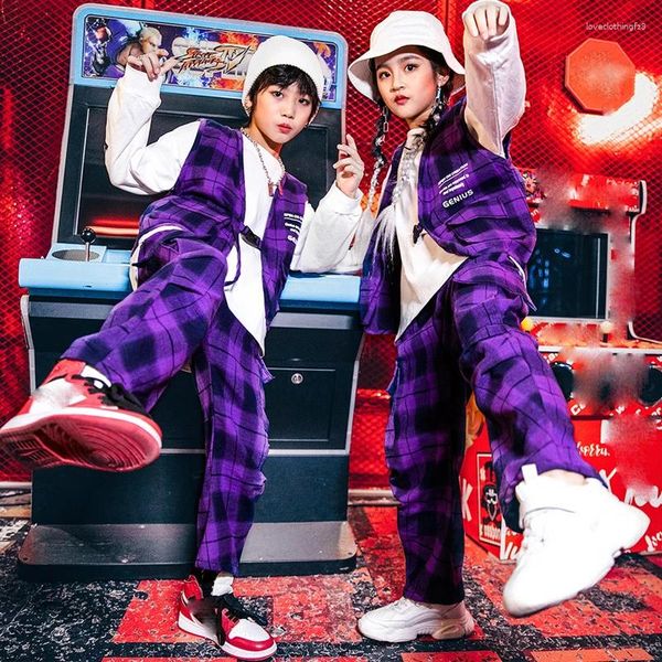 Bühnenkleidung Mädchen Hip Hop Tanzkostüme für Kinder Lila Weste Lose Hosen Hiphop Outfits Kinder Jazz Performance Rave Kleidung DN6944