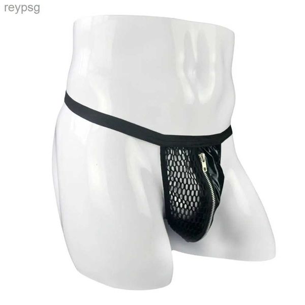 Slip Mutandine Uomo Sexy Perizoma in rete Incrocio sul retro Intimo aperto Traspirante Super Mini Zip-up G-String Nero A rete Breve Boxer erotici YQ240215