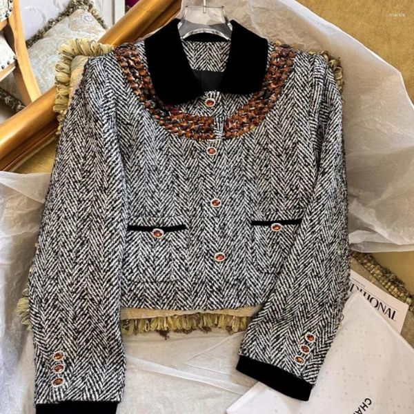 Jaquetas femininas miao grosso tweed temperamento curto casaco artesanal diamante lapela pequeno terno cardigan topo para mulher no outono