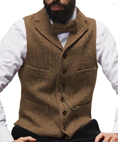 Coletes masculinos homens colete marrom homem steampunk jaqueta listrado tweed v-pescoço fino ajuste gilet homme roupas de casamento