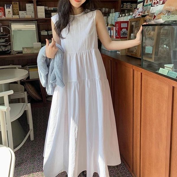 Casual Kleider Koreanische Chic Ärmelloses Weißes Kleid Sommer Frauen Oansatz Plissee Lose Baumwolle Frau Eine Linie Dame Vestido 27236