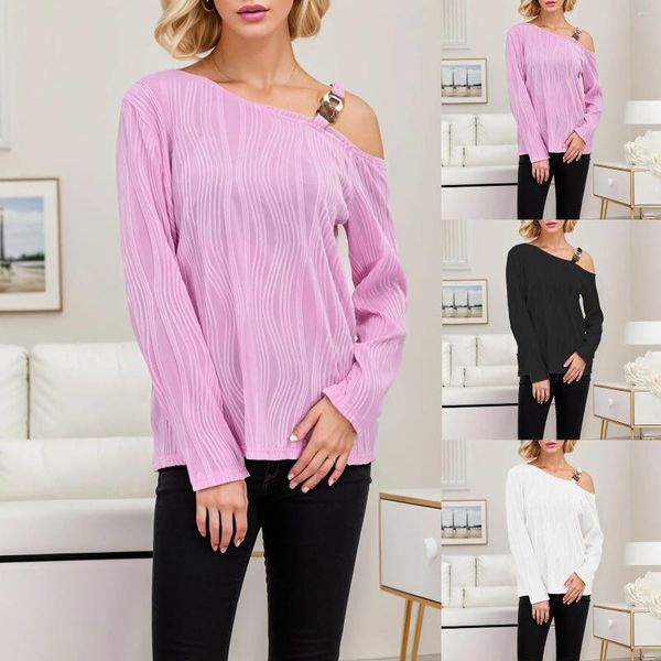 Camicette da donna T-shirt a maniche lunghe da donna Autunno Inverno Casual Comode Chic Camicie con bottoni in metallo con spalle scoperte Camicie eleganti femminili