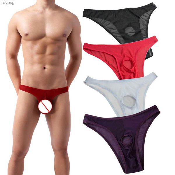 Slip Mutandine Intimo sexy Uomo Passione T-back Prospettiva Foro di garza Mutande Lingerie Erotique Solid YQ240215