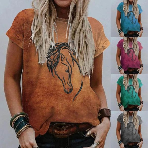 T-shirt da donna a maniche corte girocollo camicia con stampa cavallo retrò top a strati a maniche lunghe per donna estate