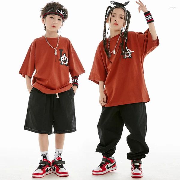 Palco desgaste 2024 hip hop crianças traje meninos rua dança roupas soltas kpop outfit meninas tops calças pretas jazz desempenho terno bl10360