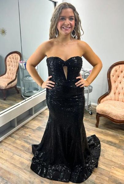 Balck Sequins Deniz Kızı Prom Elbise Anahtar deliği Kesilmiş Resmi Akşam Partisi Elbise Straplez Gece Elbise