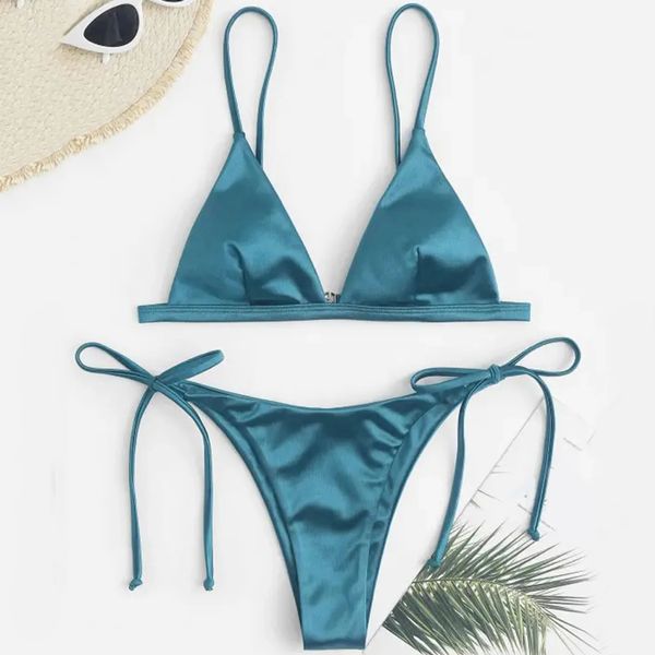 Sexy bikini cetim seda maiô feminino banho push up conjunto brasileiro maiô verão duas peças auto-tie beach wear maiô 240131