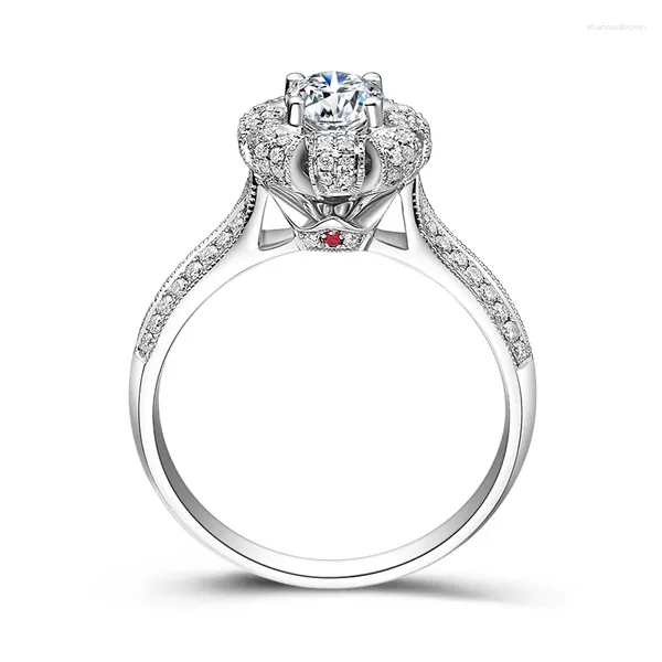 Anelli a grappolo Anello in oro bianco 18 carati Au750 da donna Anniversario di matrimonio Festa di fidanzamento Corona di fiori Rubino rotondo Moissanite Diamante Elegante