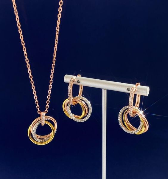 Moda novo design anéis triplos três cores pingente neckace cheio dimonds brinco designer casal jóias casamento aniversário natal festival presente