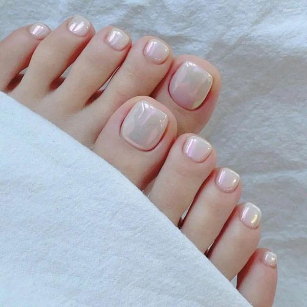 Unhas Falsas 24 pcs Unhas Falsas Francês Aurora Cobertura Completa Curto Quadrado Toe Pé Dicas para Mulheres Menina