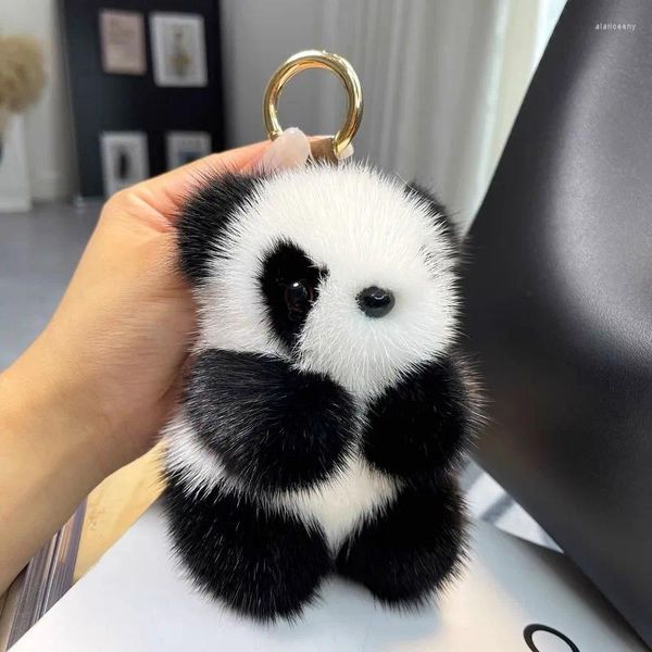 Chaveiros pequeno panda boneca de pelúcia mulheres saco ornamentos bonito imitação de pele de vison carro chaveiro urso chaveiro moda presente