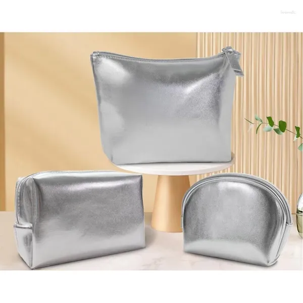 Sacos cosméticos ins moda prata macio couro embreagem maquiagem saco de armazenamento viagem portátil skincare organizador bolsa de toalete